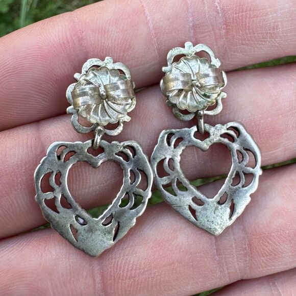 Carolyn Pollack 925 Sterling Silver Opal Heart Earrings, Filigree Dangles Relios - Picture 9 of 10